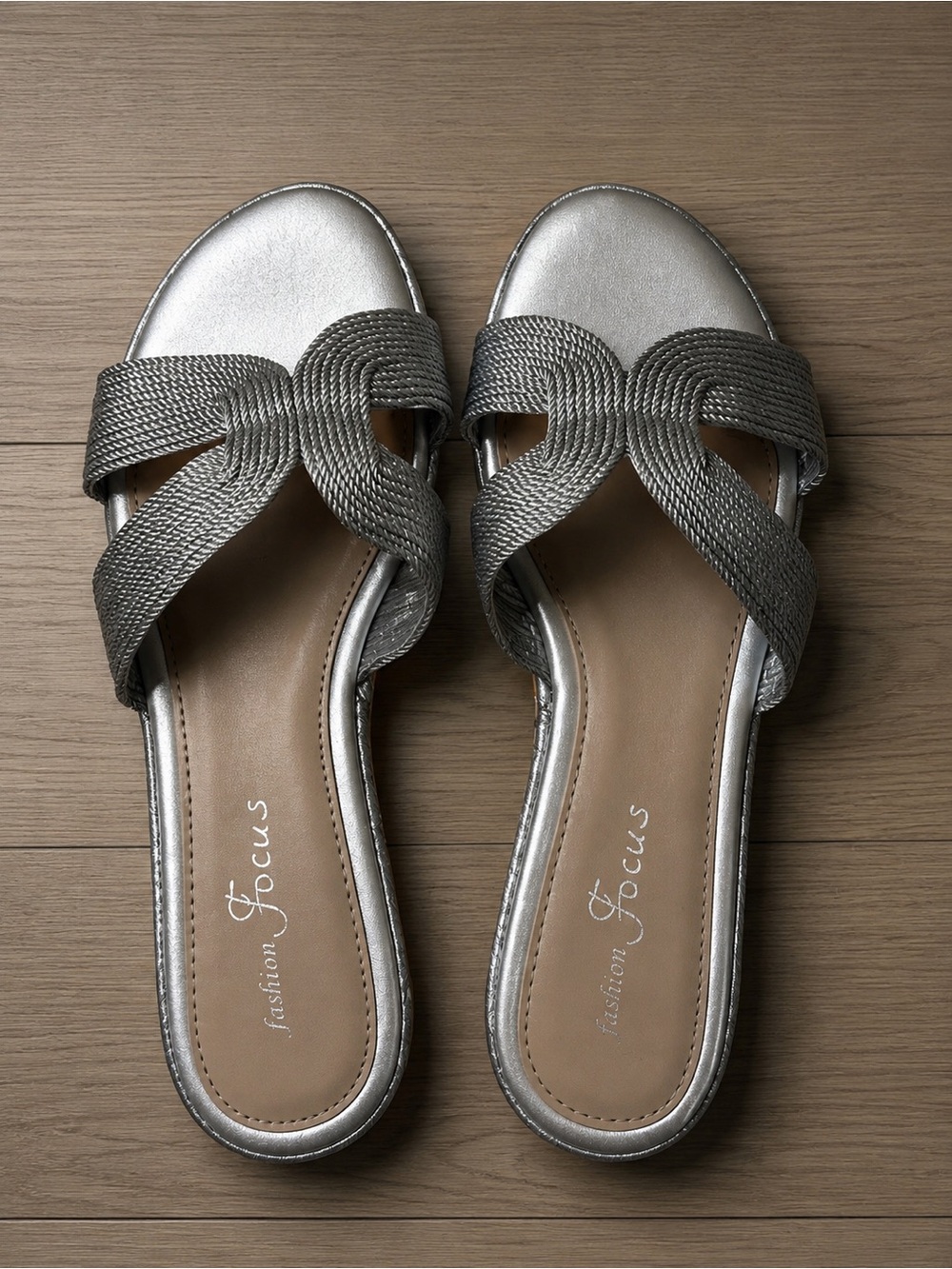 Fashion Focus Metallic Silver Braided Slip-On Sandals for Women